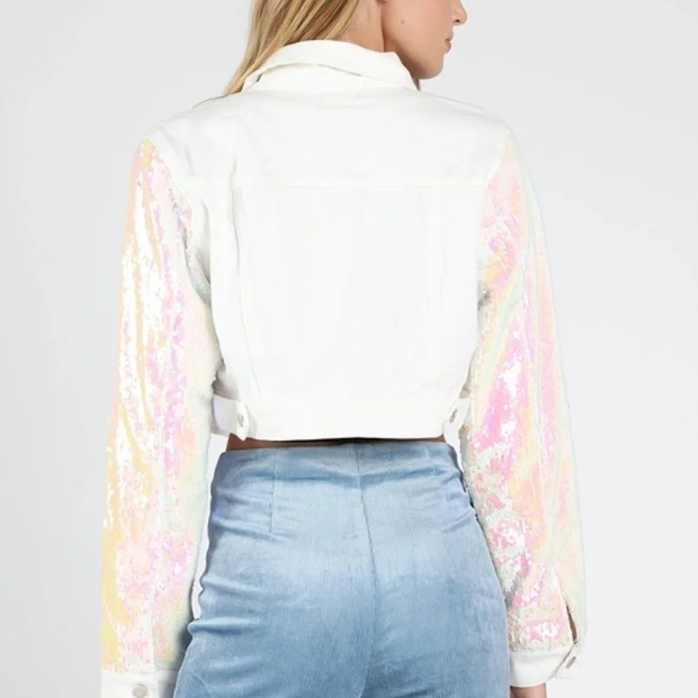 WHITE Denim jacket with sequin sleeves
